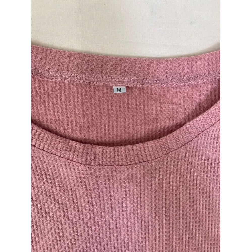 Baggyfly Womens Waffle Knit Top Dusty Rose Pink 3/4 Sleeve Crew Neck Relaxed Tee